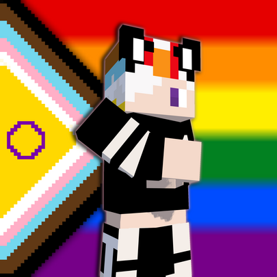 Kuvassa on minecraft hahmo sateenkaarilipun edessä, joka edustaa LGBTQ+-yhteisöä. Hahmo näyttää pukeutuvan mustaan asuun, jossa on valkoiset raidat ja jolla on tyylitelty ulkonäkö.